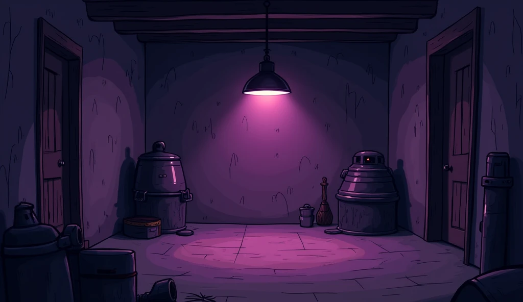 A background of an empty and dark room ,  darkroom background with a 2d Cartoon drawing style, Cartoon Network, with purple tones,  with a lamp from above illuminating the room, Make it look like a mercenarys lair 