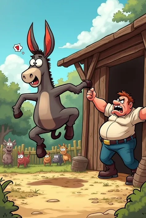 An image of a cartoon of a donkey being thrown out by its owner 