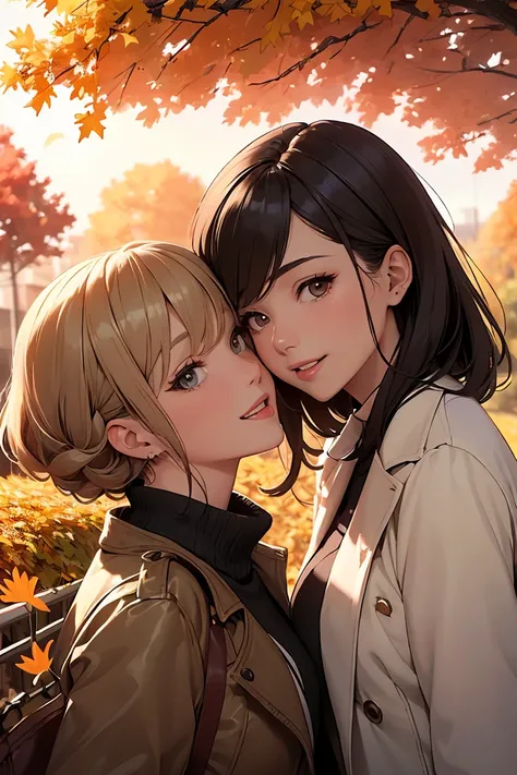 ((masterpiece)), ((best quality)), (ultra-detailed), ((extremely detailed)), 4K, (8K), best quality, (beautiful), illustration, close up, two fashionable women, enjoying autumn, ginkgo tree lane, golden foliage, gentle breeze, stylish coats, laughing toget...