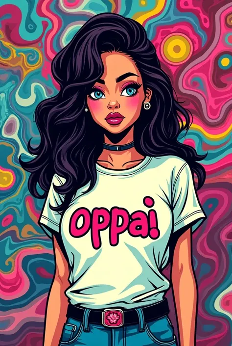 "Create a masterpiece illustration for a T-shirt design featuring a stylish woman wearing a bold pop-culture T-shirt with the word OPPAI written in large, eye-catching letters across the chest. The art style should be psychedelic, combining vibrant neon co...