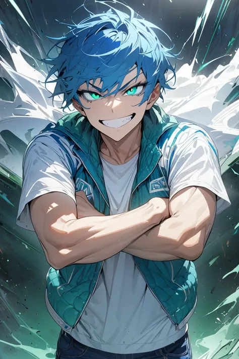 Best quality, masterpiece, high def, high resolution, short spickey blue hair, 1 boy, emerald green eyes, white sclera, grin, blue and white jacket, white undershirt, blue jeans, red running shoes, arms crossed, confident,