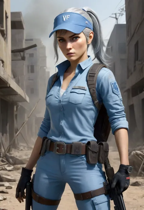 Masterpiece, high quality, best definition, pepper She IS YOUNG And has gray hair armed with a handgun and dressed in a light blue long-sleeved shirt with light gray highlights, gray body armor With IF letters, blue pants, knee pads, a duty belt, and a BLU...