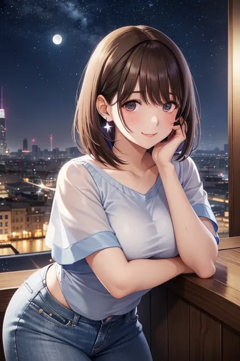 my grandmother、 shiny maroon hair ,  short hair, ( brown pretty eyes、 Sparkling Eyes, Fine grain)、smile、 super detailed eyes 、 very detailed face ,  very detailed eyes, cowboy shots、  1 girl,  Alone, 


( High Quality ,  Hi-Res,  Sex), Night view of the ci...