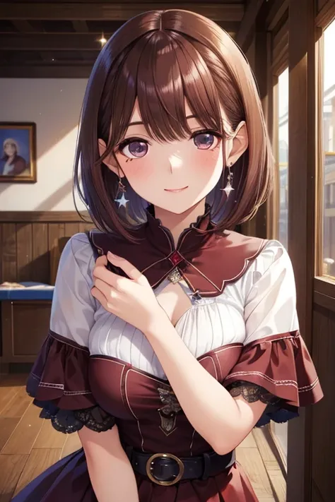 my grandmother、 shiny maroon hair ,  short hair, ( brown pretty eyes、 Sparkling Eyes, Fine grain)、smile、 super detailed eyes 、 very detailed face ,  very detailed eyes, cowboy shots、  1 girl,  Alone, 


( High Quality ,  Hi-Res,  Sex), (最 High Quality :1.2...