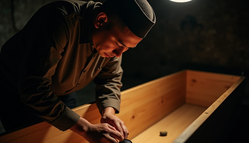 // Foto de Bagus, 35 anos, instalando uma câmera no caixão de Indah, 11 anos
An ultra-realistic photograph of Bagus, a 35-year-old Indonesian man, discreetly placing a small hidden camera inside the coffin of his  daughter, Indah. His hands are steady yet ...