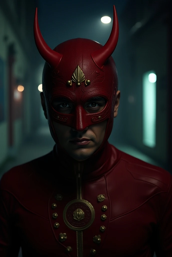 Chapolin Colorado with mask covering the top half of his face with night lighting looking at the camera with an adorned face