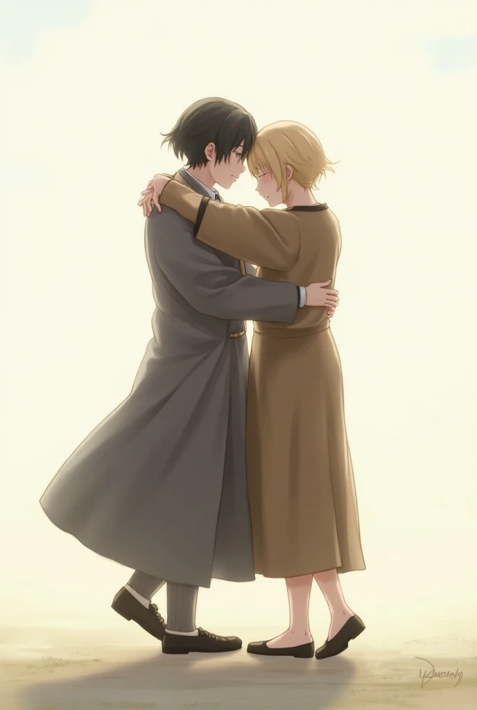 Images of two ren hugging each other, While they are walking , both back to back