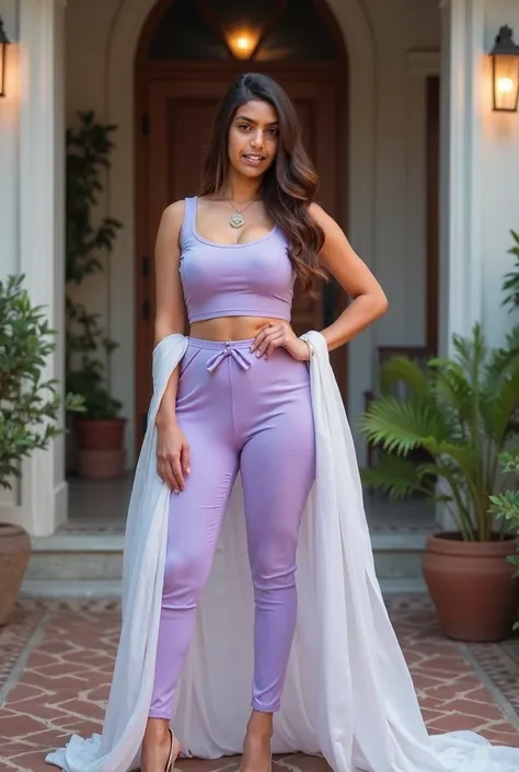 woman outside home wearing Sexy  Womens Cotton Blend Straight light purple Kurta Pant Set With white Dupatta, curvy model, beautiful model girl, perfect body, sexy girl, wearing tight shirt, lovely woman, brown hair and a perfect body, very attractive and ...