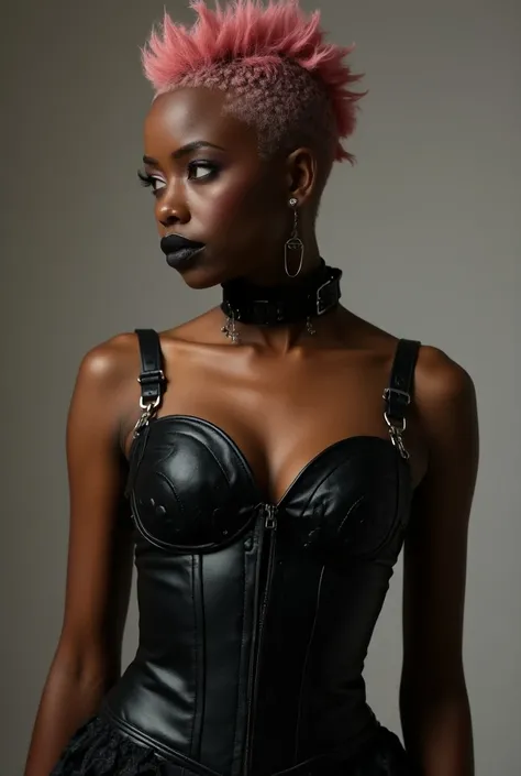 a black woman with shaved pink hair wearing a black corset and punk-style clothing 