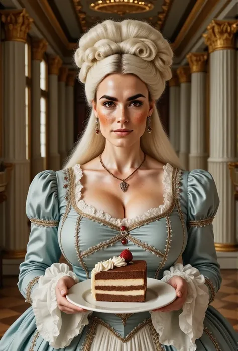 Photorealistic, cinematic style, a picture of a beautiful British woman dressed as (Marie Antoinette) Holding up a plate with a large piece of cake. She has a (White powdered wig:1.5), Shes got brown eyes, downturned eye shape, whitish pale skin and freckl...