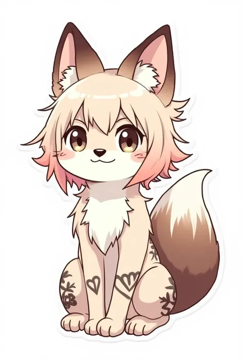 furry, femelle, Sauvage, feral, adulte,  renard, white fourrure corporelle, cheveux roses,detailed fourrure corporelle, Seul, fourrure corporelle, style anime, frontale, sticker, simple drawing, vector, vectoriel, dessin vectoriel, black tribal asian spiri...