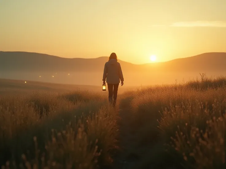 AN ULTRAREALISTIC IMAGE A person walking alone in an open field at dawn, with a light