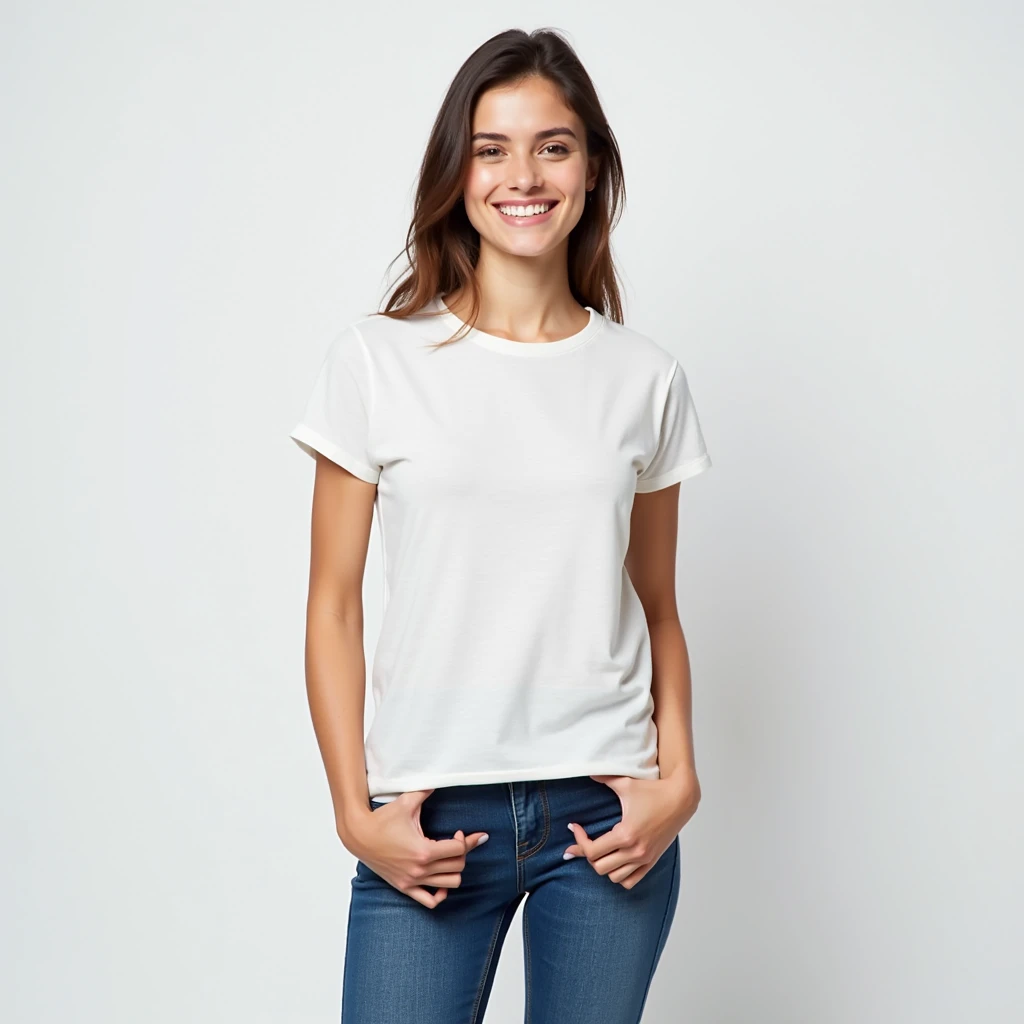 White-skinned Latin American woman, wearing a short sleeve red t-shirt or polo,  with round neck or v cotton fabric,  jean pants,  polo out of the pants, Full polo shirt is enough visible, looking ahead smiling, Hands away from the chest, Giving a like wit...