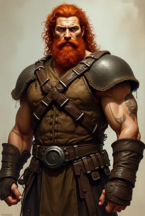 painting, red-haired warrior with curly hair and beard, brown eyes, leather clothing with steel, realistic,