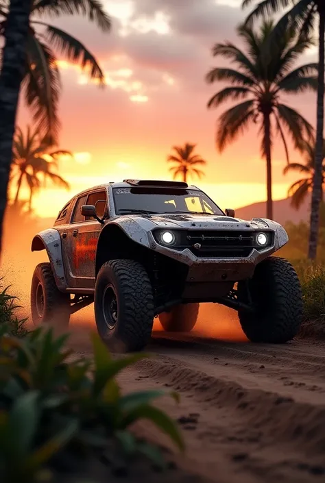  Campero 4x4 rally completely sideways.  High Definition . realistic. In a tropical landscape and a sunset . 4k. 