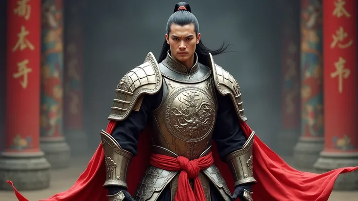 Create an image of a powerful and imposing ancient Vietnamese warrior. He is youthful with sharp, determined eyes and a strong, angular face showing a calm yet vigilant expression. His long black hair is tied back in a high ponytail, giving him a neat appe...