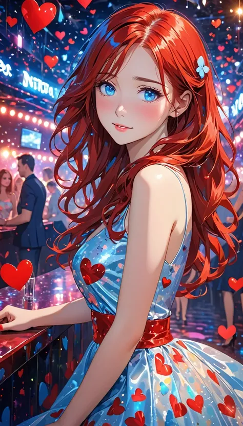 A girl in a nightclub in a dress with red and her long shiny red hair and her shiny blue eyes in a background of a place full of expressive symbols of love, sadness and happiness,