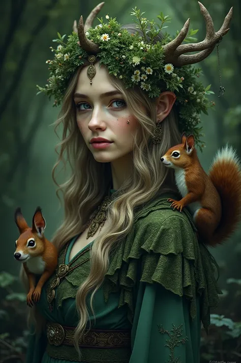 arafed image of a woman with a deer and a squirrel, digital art inspired by Cynthia Sheppard, trending on cg society, fantasy art, forest fae, goddess of the forest, fantasy art style, beautiful wood elf, fantasy portrait, fantasy art portrait, enchanted w...