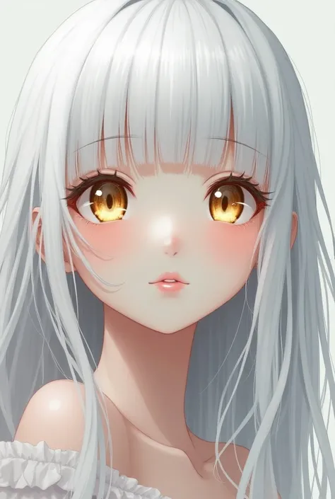 anime. Woman with long white hair, Curtain bangs , cils blanc, golden eyes, firm face 