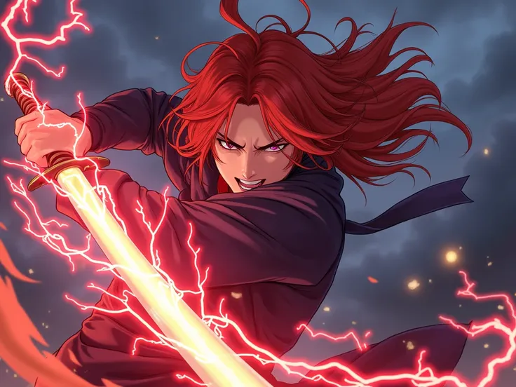 Dynamic anime-style illustration of a fierce red-haired warrior wielding a glowing katana, inspired by the styles of Tetsuya Nomura, Yoji Shinkawa, and Hiroaki Samura. The warriors intense gaze and flowing hair are highlighted by the electrifying energy su...