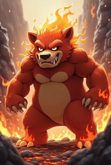 Pokemon, 3d anime, male teen bear, red skin, fire and rock type