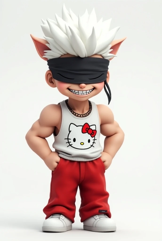 White hair with little ears ,
 A band around the eyes of the black cloth,  a smile with sharp teeth ,  a white tank top from Hello Kitty ,  red pants from Hello Kitty ,  white shoe, male, From Roblox 

