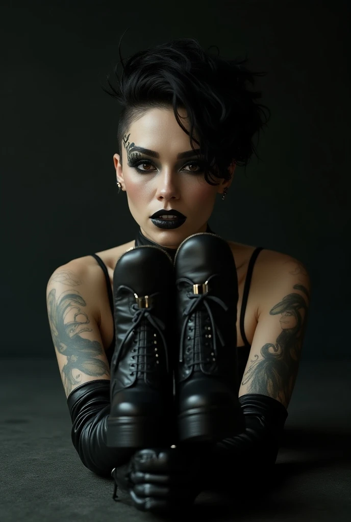 Pretty skinpunk woman wearing makeup and foot fetish showing off her underside