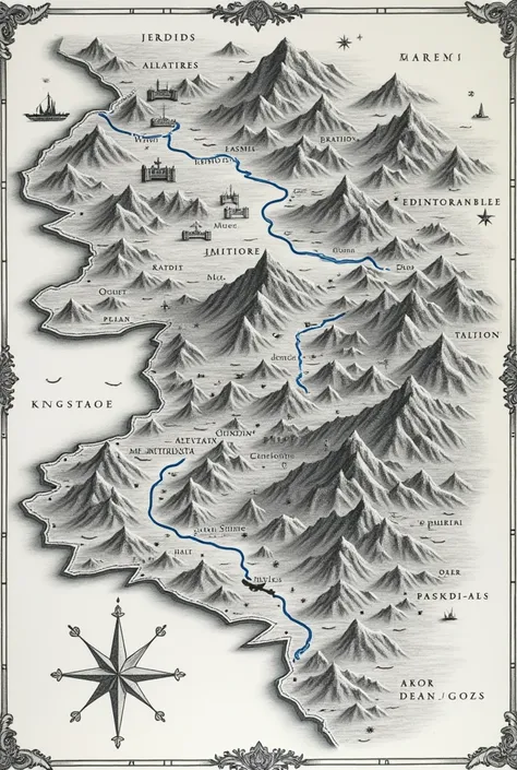  The map is drawn on a white background ,  with sharp and precise lines in dark ink .  The borders between the kingdoms are outlined with thick and clear lines ,  highlighting territorial divisions .  The cities ,  fortresses and strategic points are repre...