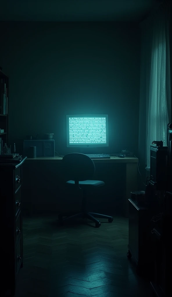 a dark room with a computer turned on in the middle, with blurry words that cannot be understood, a feeling of suspense and terror in the room next to the bed and things from everyday life,