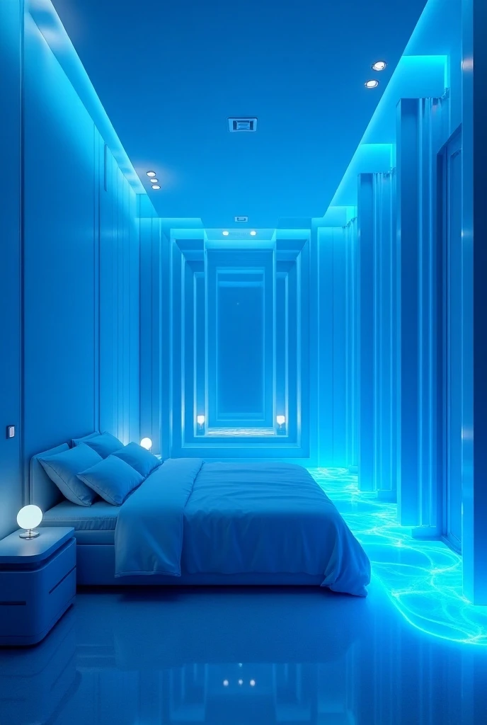 (photorealism:1.2), a futuristic bedroom in the color theme blue