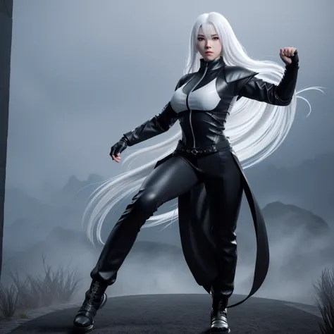 a lone female ninja, photorealistic, serious expression, combat pose, long white hair, black ninja outfit, white phoenix shirt, ...