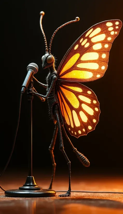 " A chorister insect inspired by a night butterfly ,  with large, soft wings decorated in brown patterns ,  beige and touches of gold that shine under stage lights . It is standing next to a microphone ,  with its antennas raised in a singing posture .  It...