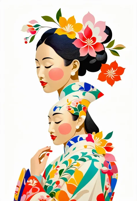  colorful wooden statue of an Asian woman ,Cover your face with your hands, Side view of a beautiful European woman wearing a floral dress ,  white background ,  illustration inspired by John Clyson style .  earrangeI and Morandi color ,  Organic shapes , ...