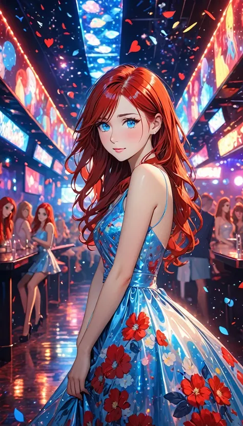 A girl in a nightclub in a dress with red and her long shiny red hair and her shiny blue eyes in a background of a place full of expressive symbols of , sadness and happiness,