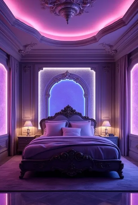 (photorealism:1.2), a mix between a European bedroom and a cyber futuristic bedroom with the color theme purple