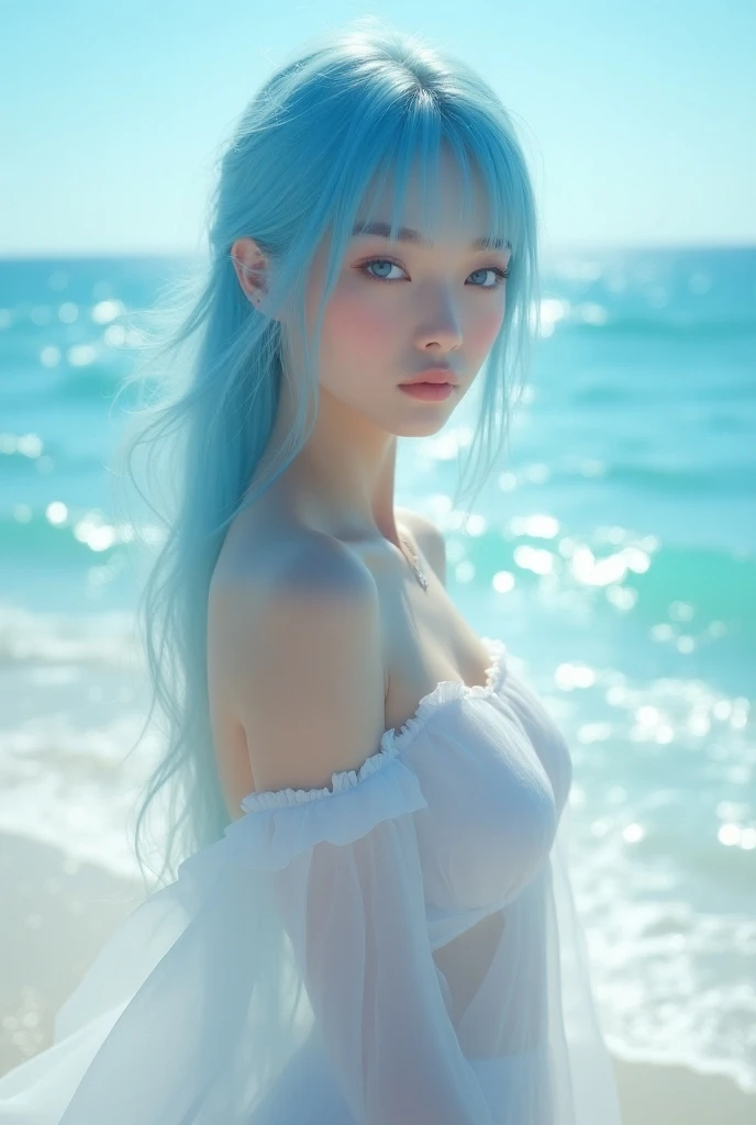 beautiful woman with sky blue eyes, very fine straight blue hair, bluish skin, white transparent dress, on a brightly colored sand beach, crystal clear blue water, at dawn with a blue sun, 8K, hyperrealism, masterpiece