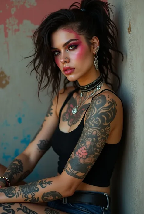 (photorealism:1.2), "Create an image of a woman in the style of La Joaqui, characterized by a bold and rebellious aesthetic. The woman must have a lot of eye-catching tattoos on her arms, legs and neck, In addition to multiple eyebrow piercings, lips and e...