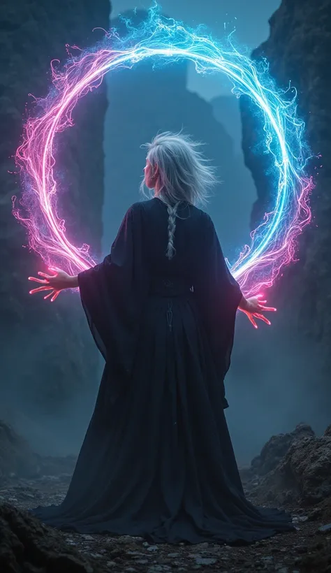 realistic, masterpieces, dark elf, mage, creates magic circles which are portals to another dark world, mysterious magic, glowing bright circles, magic portals, neons color, RAW photo, film grain, 8k, depth of field