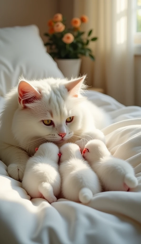 A scene illuminated by sweet natural light in a calm and cozy bedroom.  Lying on the soft and plush bed is a majestic white Persian cat, its velvety fur glinting in the light.  The cat lovingly pulled her four little fluffy babies close.  Babies are drinki...