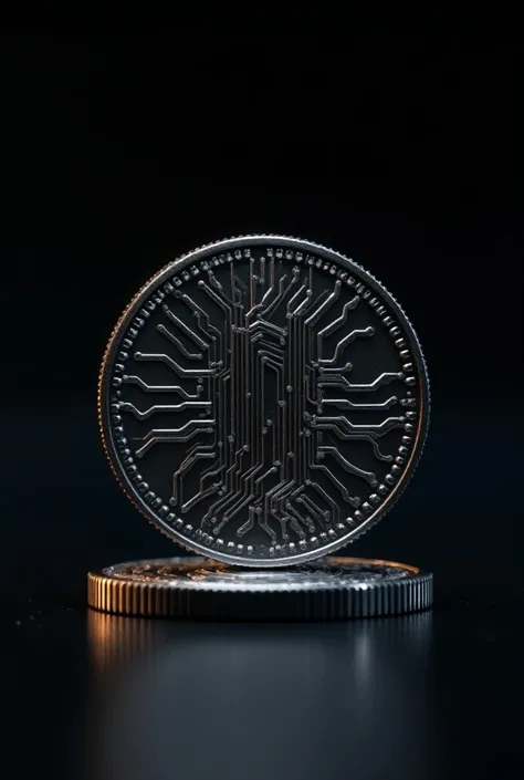 A black background and a coin with the image of a 3d rod where the inscriptions are made of microelectronic elements.