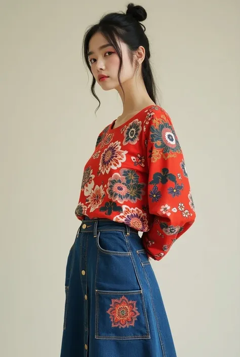 Chinese style
 on denim skirt with colors and styled jersey