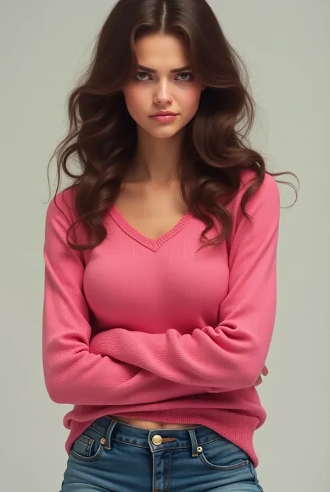 Pretty girl with white skin,  brown eyes ,  Curly Hair , with an annoyed face, with blue shor and pink sweater