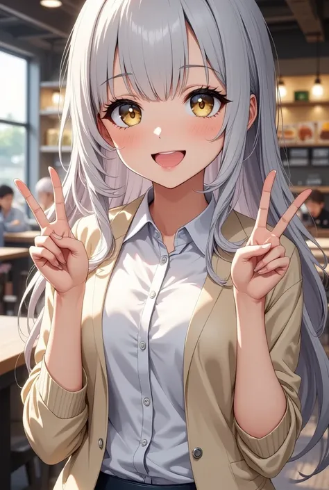  1 girl, Shes a cute schoolgirl  ,   The cream colored cardigan has extra sleeves,   white shirt ,   ribbon with design  ,   mini skirt,   small breasts,   beautiful long silvery white hair  ,   Healthy Thighs, Detailed depiction of thighs, Her beautiful, ...