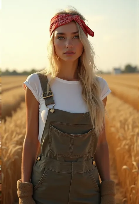 a close up torso half body view portrait of a very athletics extremely pale blonde Russian female farmer wearing a baggy overalls with a tight capsleeve shirt. She is standing in the Krasnodar sochi wheat fields, she has farmer gloves on, has a bandana on ...