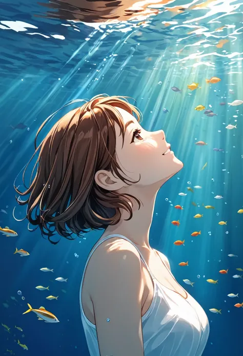 happy, smiling, curious, woman, short hair, side_profile, face only, slightly_looking_up, underwater, under_water, cute, full_head, brown_hair, hair_flowing