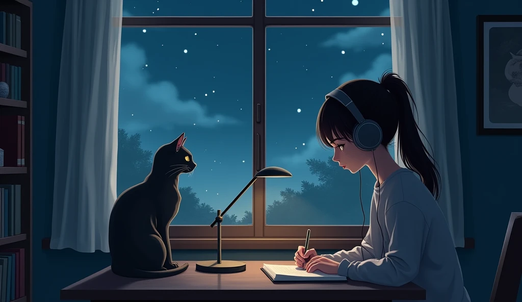 Once a girl was doing study infront of window, wearing headphones and a cat is on the window, it was night.