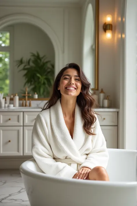 Woman in a robe sitting in her big bathroom laughing and happy getting ready to do skin care