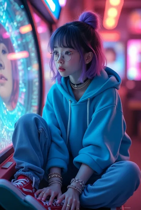 ((Sitting in a doll-throwing machine in a digital arcade))+(tied up to a doll)),(((I was fascinated by the image of a girl wearing gold-rimmed glasses.))), (((I was fascinated by the image of a cute girl with the edges of the gold-rimmed glasses clearly vi...