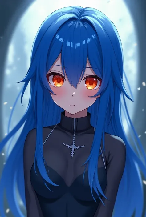  With long blue hair and orange eyes  anime

