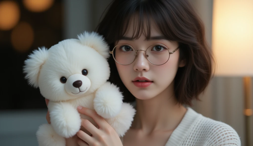 (masterpiece, cinematic, photorealistic, realistic details, dynamic light & pose, high quality, perfect lighting), Beautiful Woman with dark hair, wearing round glasses, (holding a tiny cute and adorable white plush fluffy chibi-style teddy bear with large...